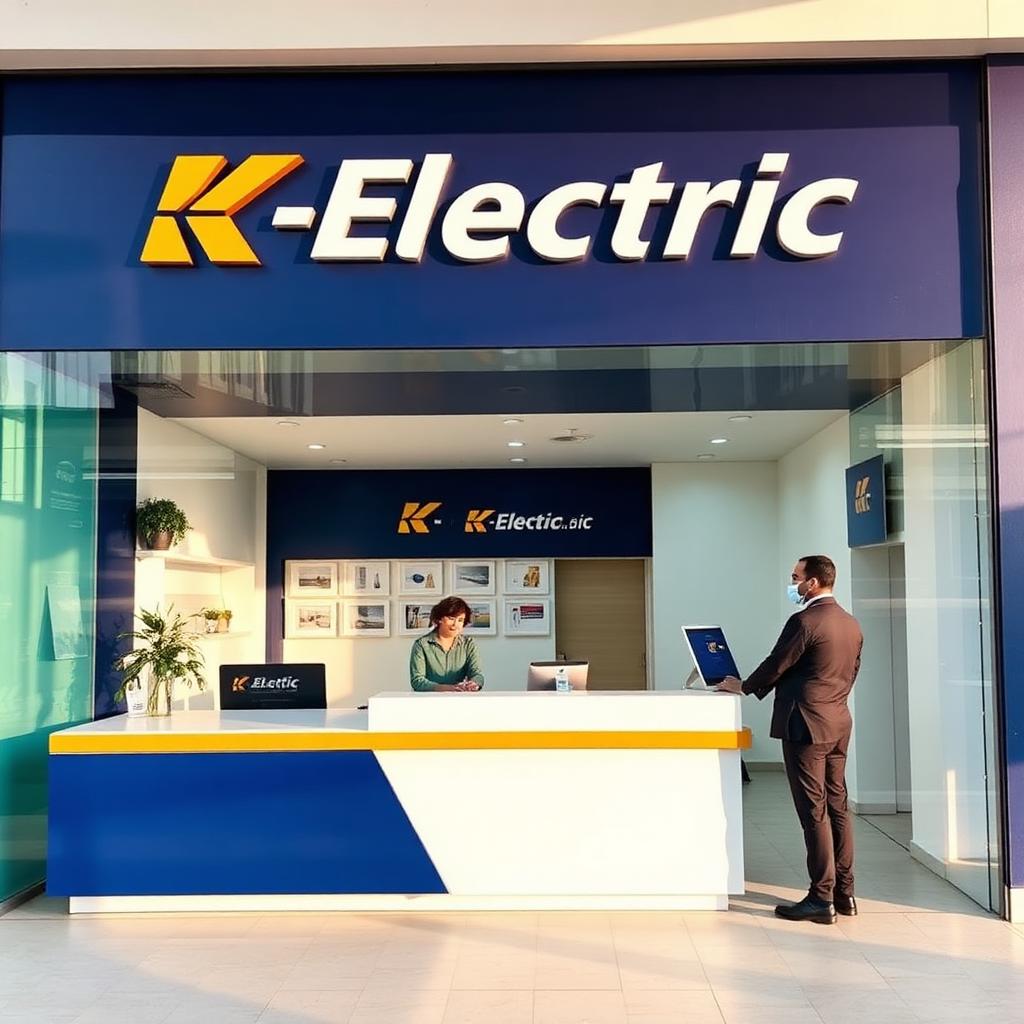 K-Electric customer care centre reception desk in Karachi with staff helping a consumer